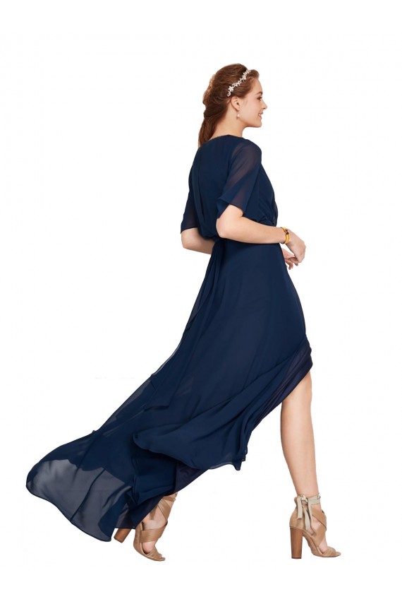 Bleu marine foncé Trapèze Col V Mousseline Longue Robes demoiselle d'honneur Grossiste