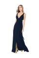 Bleu marine foncé Trapèze Col V Mousseline Longue Robes demoiselle d'honneur Grossiste