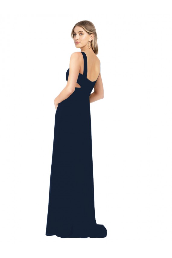 Bleu marine foncé Trapèze Col V Mousseline Longue Robes demoiselle d'honneur Grossiste