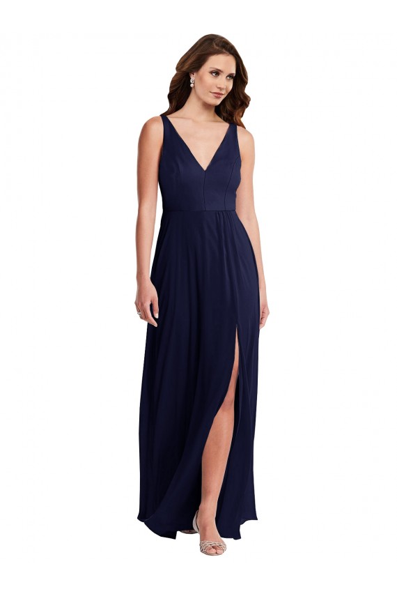 Bleu marine foncé Trapèze Col V Mousseline Longue Robes demoiselle d'honneur Grossiste