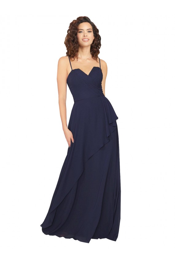 Bleu marine foncé Trapèze Col V Mousseline Longue Robes demoiselle d'honneur Grossiste