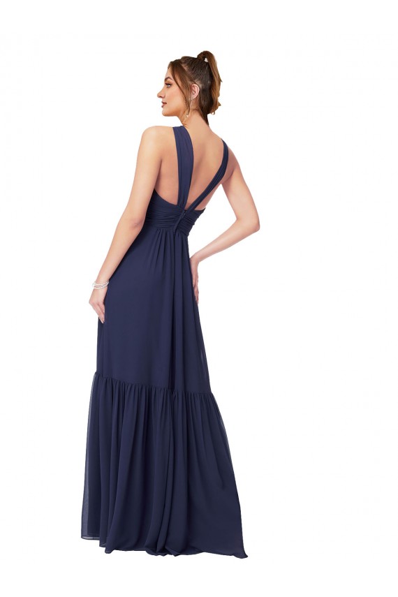 Bleu marine foncé Trapèze Col V Mousseline Longue Robes demoiselle d'honneur Grossiste