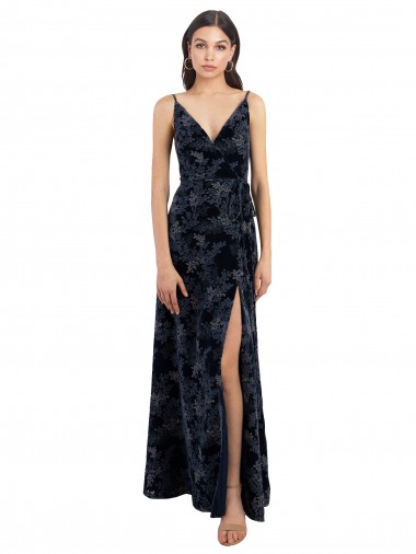 Bleu marine foncé Trapèze Col V Velours Floral Velours Stretch Longue Robes demoiselle d'honneur Grossiste