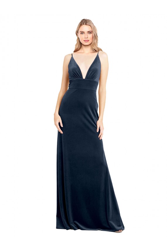 Bleu marine foncé Trapèze Col V Velours Stretch Longue Robes demoiselle d'honneur / Robes de bal Grossiste