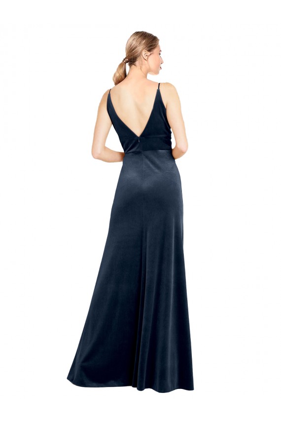 Bleu marine foncé Trapèze Col V Velours Stretch Longue Robes demoiselle d'honneur / Robes de bal Grossiste