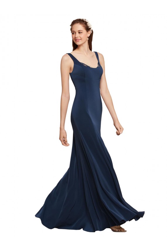 Bleu marine foncé Trapèze Col rond Crêpe Stretch Longue Formelles Robes demoiselle d'honneur / Robes de soirée / Robes de bal Grossiste