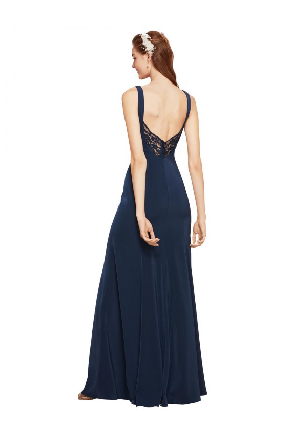 Bleu marine foncé Trapèze Col rond Crêpe Stretch Longue Formelles Robes demoiselle d'honneur / Robes de soirée / Robes de bal Grossiste