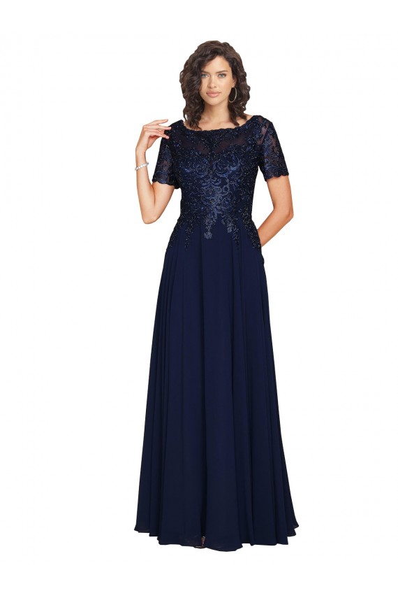 Bleu marine foncé Trapèze Col rond Mousseline Longue Robes demoiselle d'honneur / Robes de bal Grossiste