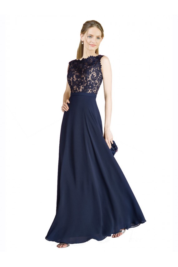 Bleu marine foncé Trapèze Illusion Mousseline Dentelle Longue Robes demoiselle d'honneur / Robes de bal Grossiste