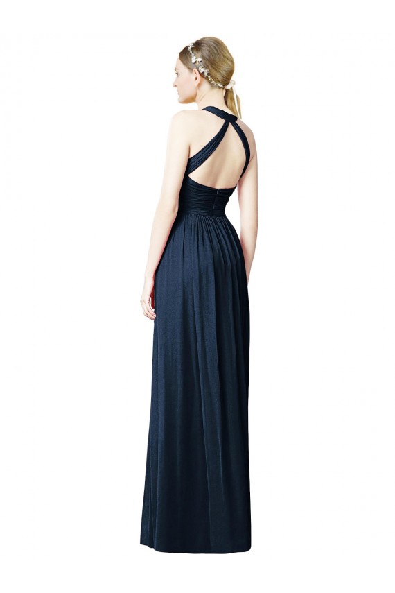 Bleu marine foncé Trapèze Licou Col V Mousseline Longue Robes demoiselle d'honneur Grossiste
