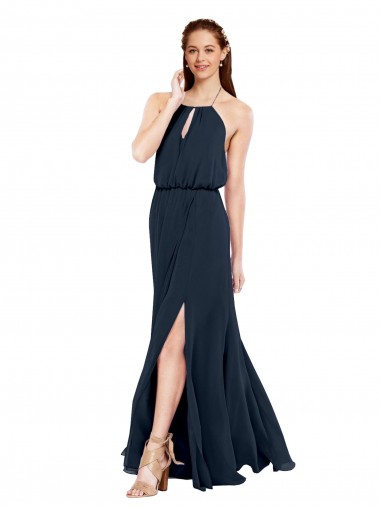 Bleu marine foncé Trapèze Licou Mousseline Longue Robes demoiselle d'honneur Grossiste