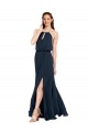 Bleu marine foncé Trapèze Licou Mousseline Longue Robes demoiselle d'honneur Grossiste