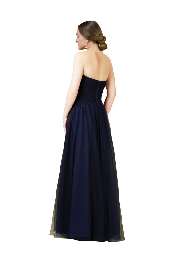 Bleu marine foncé Trapèze Sans bretelle Tulle Longue Robes demoiselle d'honneur Grossiste