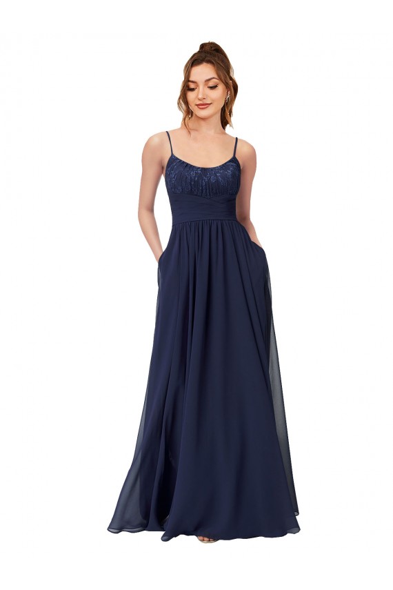 Bleu marine foncé Trapèze Scoop Mousseline Dentelle Longue Robes demoiselle d'honneur Grossiste