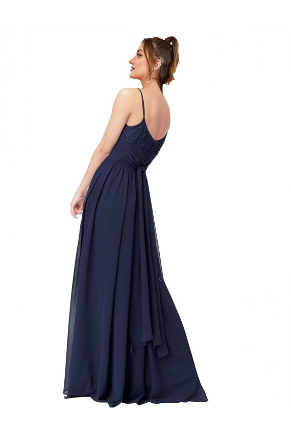 Bleu marine foncé Trapèze Scoop Mousseline Dentelle Longue Robes demoiselle d'honneur Grossiste
