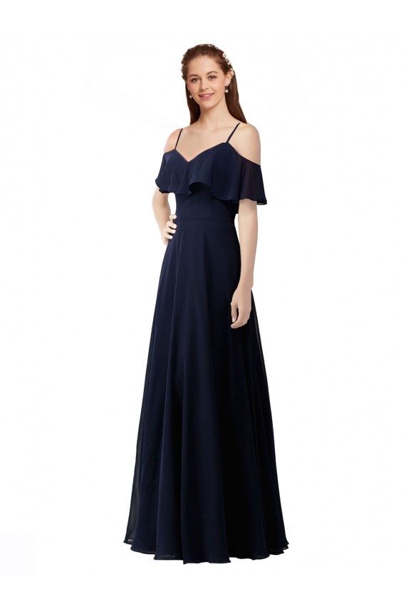 Bleu marine foncé Trapèze Épaule Dénudée Col V Mousseline Longue Robes demoiselle d'honneur Grossiste