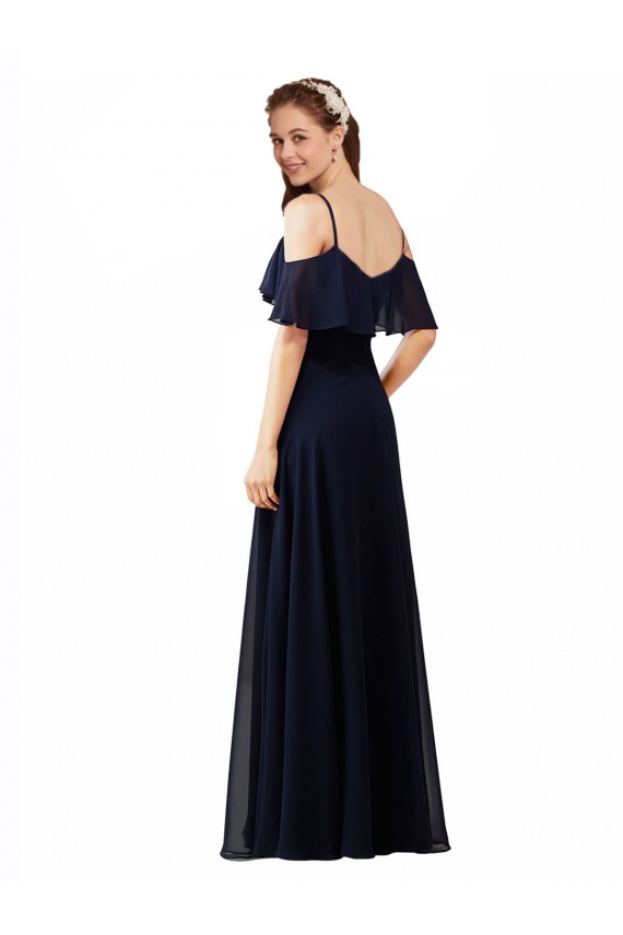 Bleu marine foncé Trapèze Épaule Dénudée Col V Mousseline Longue Robes demoiselle d'honneur Grossiste