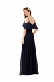 Bleu marine foncé Trapèze Épaule Dénudée Col V Mousseline Longue Robes demoiselle d'honneur Grossiste