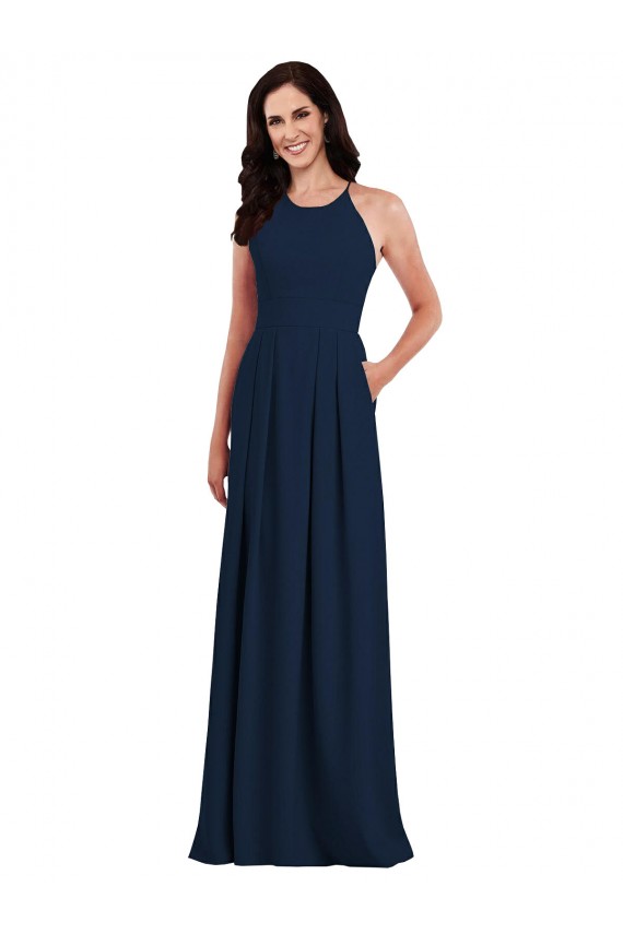Bleu marine foncé Trompette Licou Crêpe Stretch Longue Robes demoiselle d'honneur Grossiste