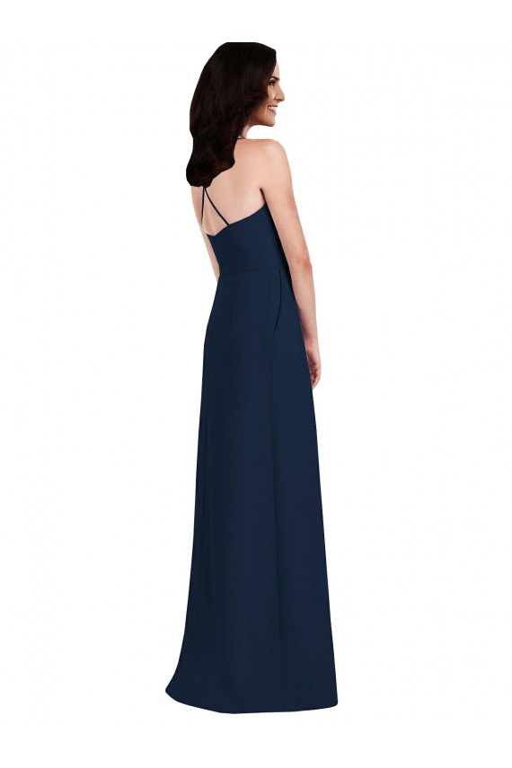 Bleu marine foncé Trompette Licou Crêpe Stretch Longue Robes demoiselle d'honneur Grossiste