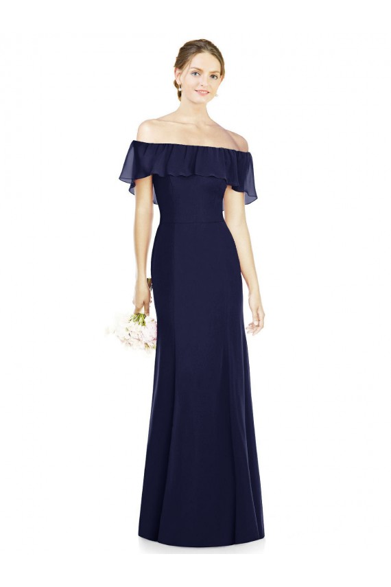 Bleu marine foncé Trompette Épaule Dénudée Mousseline Longue Robes demoiselle d'honneur Grossiste