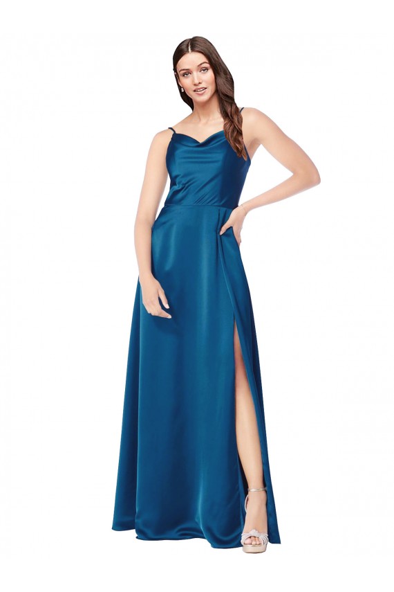 Bleu paon Trapèze Bretelles spaghetti Satiné Soyeux Longue Formelles Robes demoiselle d'honneur / Robes de soirée / Robes de bal Grossiste