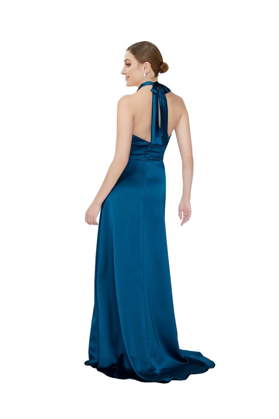 Bleu paon Trapèze Licou Satiné Soyeux Longue Formelles Robes demoiselle d'honneur / Robes de soirée / Robes de bal Grossiste