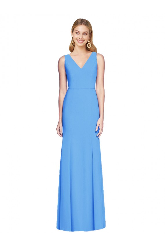 Bleu paon Trompette Col V Crêpe Stretch Longue Robes demoiselle d'honneur / Robes de bal Grossiste