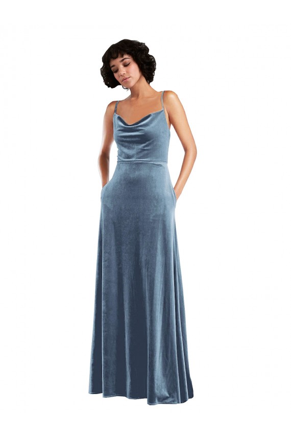 Bleu poussiéreux Fourreau Velours Stretch Longue Robes demoiselle d'honneur / Robes de bal Grossiste