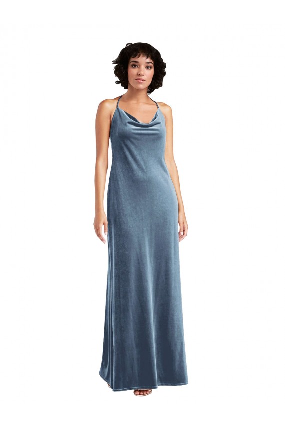 Bleu poussiéreux Fourreau Velours Stretch Longue Robes demoiselle d'honneur / Robes de bal Grossiste