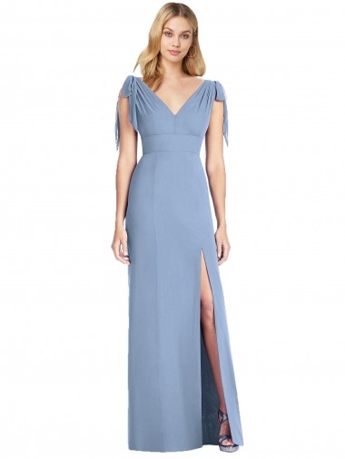 Bleu poussiéreux Sirène Col V Mousseline Longue Robes demoiselle d'honneur Grossiste