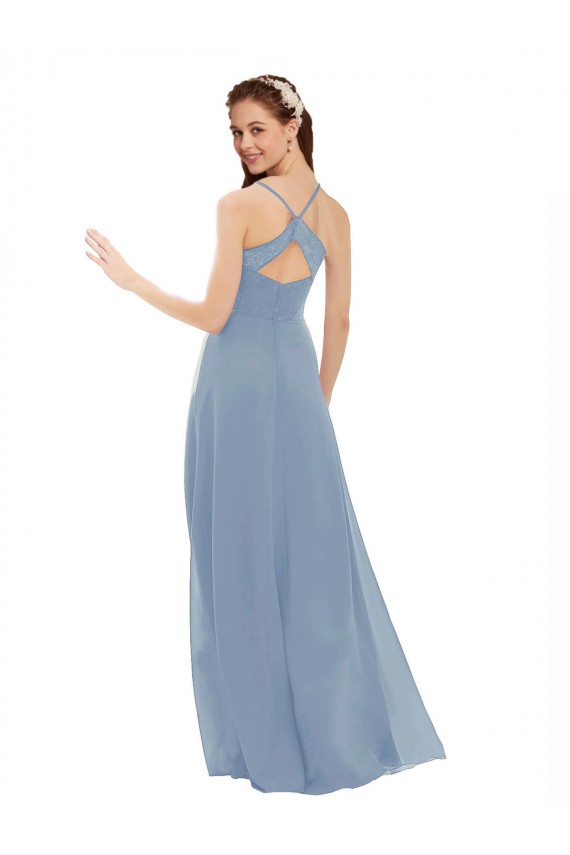 Bleu poussiéreux Trapèze Bretelles spaghetti Col V Mousseline Dentelle Longue Robes demoiselle d'honneur Grossiste