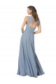Bleu poussiéreux Trapèze Bretelles spaghetti Col V Mousseline Longue Robes demoiselle d'honneur Grossiste
