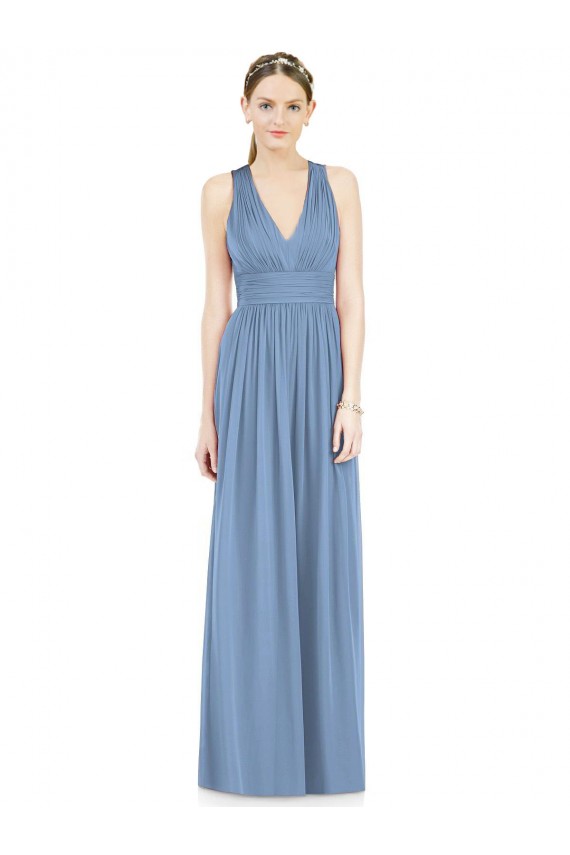 Bleu poussiéreux Trapèze Col V Mousseline Longue Robes demoiselle d'honneur Grossiste