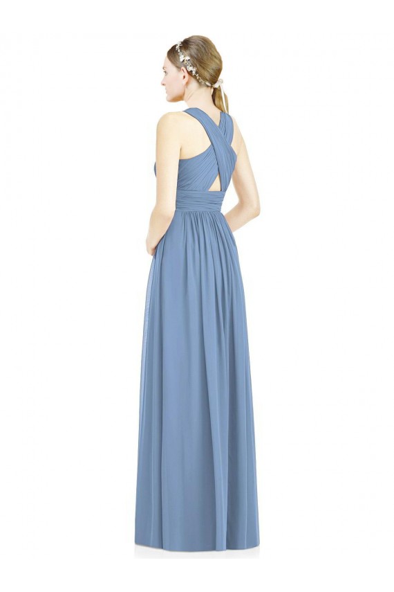 Bleu poussiéreux Trapèze Col V Mousseline Longue Robes demoiselle d'honneur Grossiste