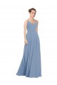 Bleu poussiéreux Trapèze Col V Mousseline Longue Robes demoiselle d'honneur Grossiste