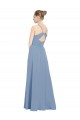 Bleu poussiéreux Trapèze Col V Mousseline Longue Robes demoiselle d'honneur Grossiste