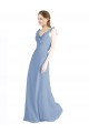 Bleu poussiéreux Trapèze Col V Mousseline Longue Robes demoiselle d'honneur Grossiste
