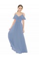 Bleu poussiéreux Trapèze Col V Mousseline Longue Robes demoiselle d'honneur Grossiste