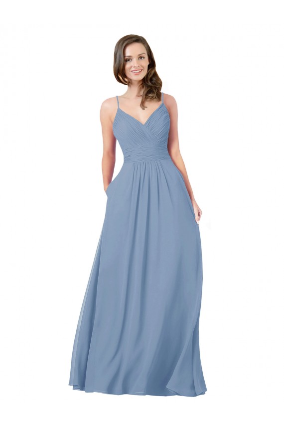 Bleu poussiéreux Trapèze Col V Mousseline Longue Robes demoiselle d'honneur Grossiste