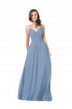 Bleu poussiéreux Trapèze Col V Mousseline Longue Robes demoiselle d'honneur Grossiste