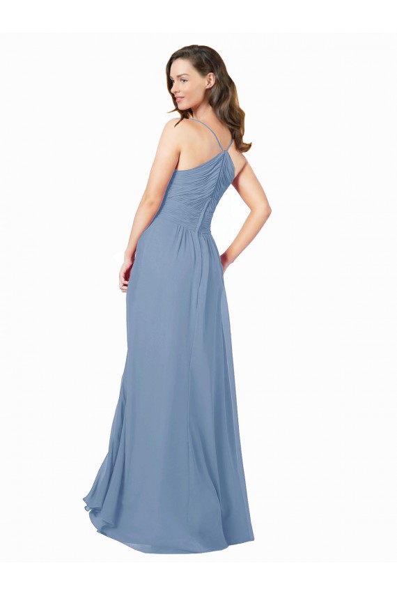 Bleu poussiéreux Trapèze Col V Mousseline Longue Robes demoiselle d'honneur Grossiste