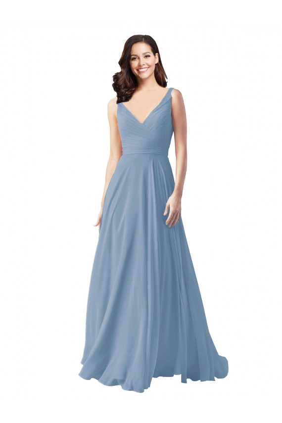 Bleu poussiéreux Trapèze Col V Mousseline Longue Robes demoiselle d'honneur Grossiste