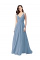Bleu poussiéreux Trapèze Col V Mousseline Longue Robes demoiselle d'honneur Grossiste