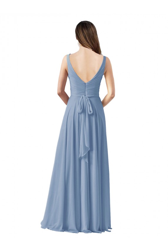 Bleu poussiéreux Trapèze Col V Mousseline Longue Robes demoiselle d'honneur Grossiste