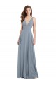 Bleu poussiéreux Trapèze Col V Mousseline Longue Robes demoiselle d'honneur Grossiste