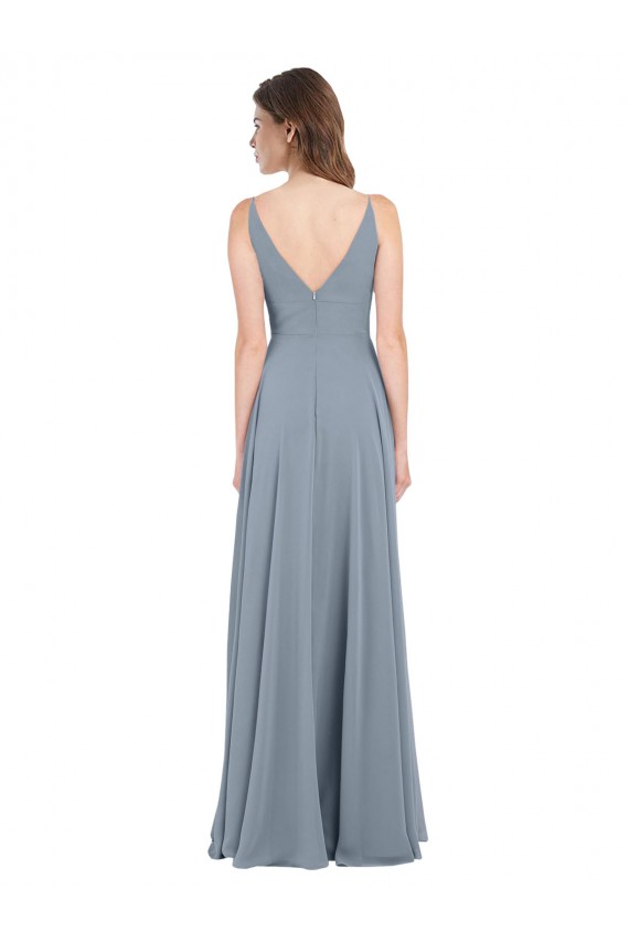 Bleu poussiéreux Trapèze Col V Mousseline Longue Robes demoiselle d'honneur Grossiste