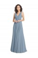 Bleu poussiéreux Trapèze Col V Mousseline Longue Robes demoiselle d'honneur Grossiste