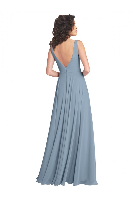 Bleu poussiéreux Trapèze Col V Mousseline Longue Robes demoiselle d'honneur Grossiste