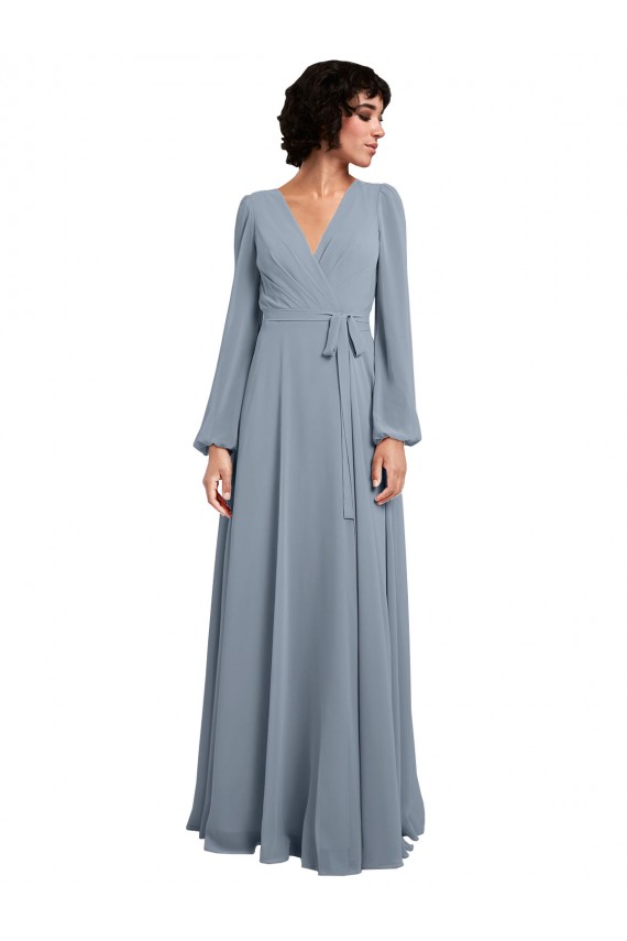 Bleu poussiéreux Trapèze Col V Mousseline Longue Robes demoiselle d'honneur Grossiste